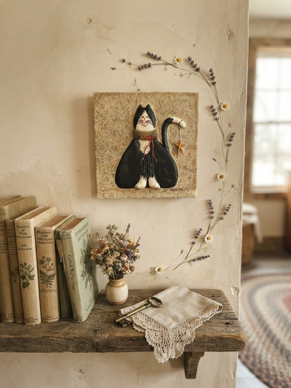 Fiddles Stix Black Cat Wall Plaque Hanging Decor Star Figurine Folk Art 6x6